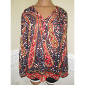 Skies are Blue Dillard's blue red brown paisley floral sheer top blouse M Medium